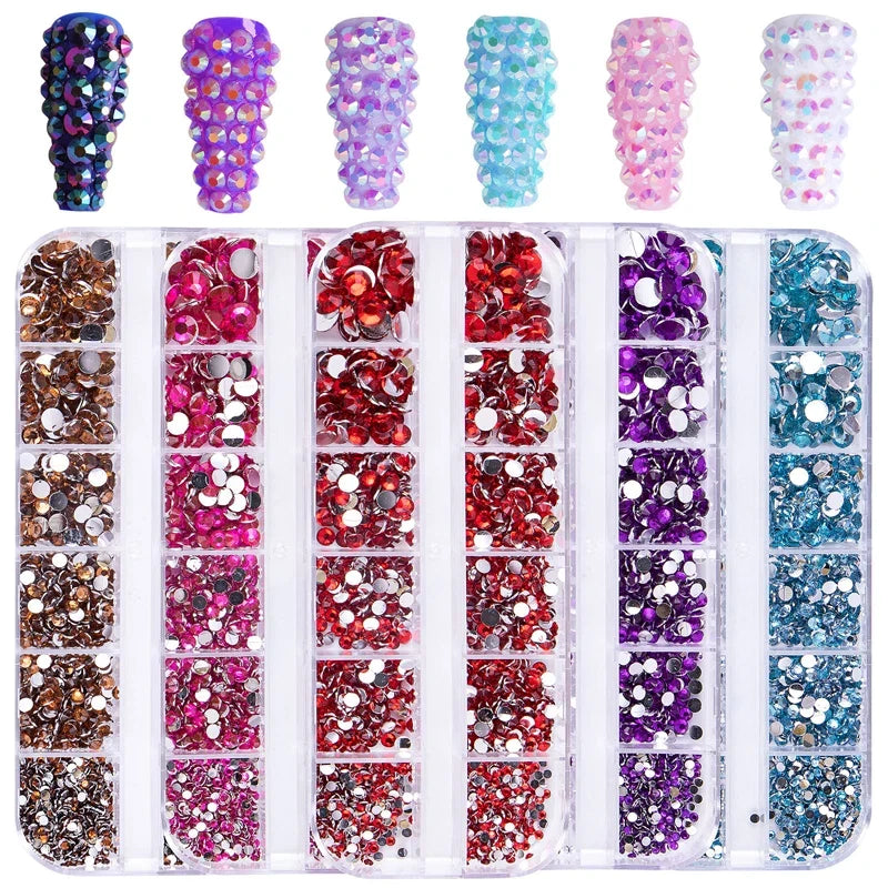 12 Grids Mixed Size Luxury Nail Rhinestones Set 3D Resin AB Crystal Round Glass Bead Gems Nail Art Charms 2mm-6mm Nail Diamond