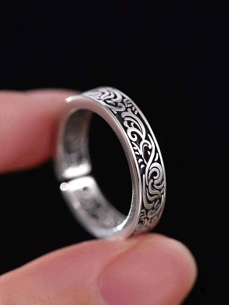 New Silver Color Retro Old Tang Grass Pattern Rings for Women Classic French Boys' Index Finger Ring Gift Gothic Jewelry
