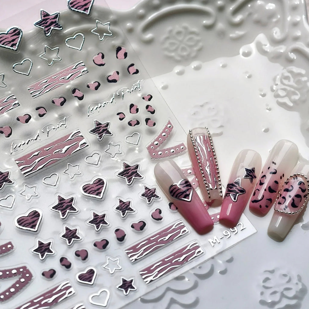 Punk Pink Leopard Print Love Heart Stars Bowknot Cool Girl 5D Self Adhesive Nail Art Stickers Ribbon Manicure Decals Wholesale