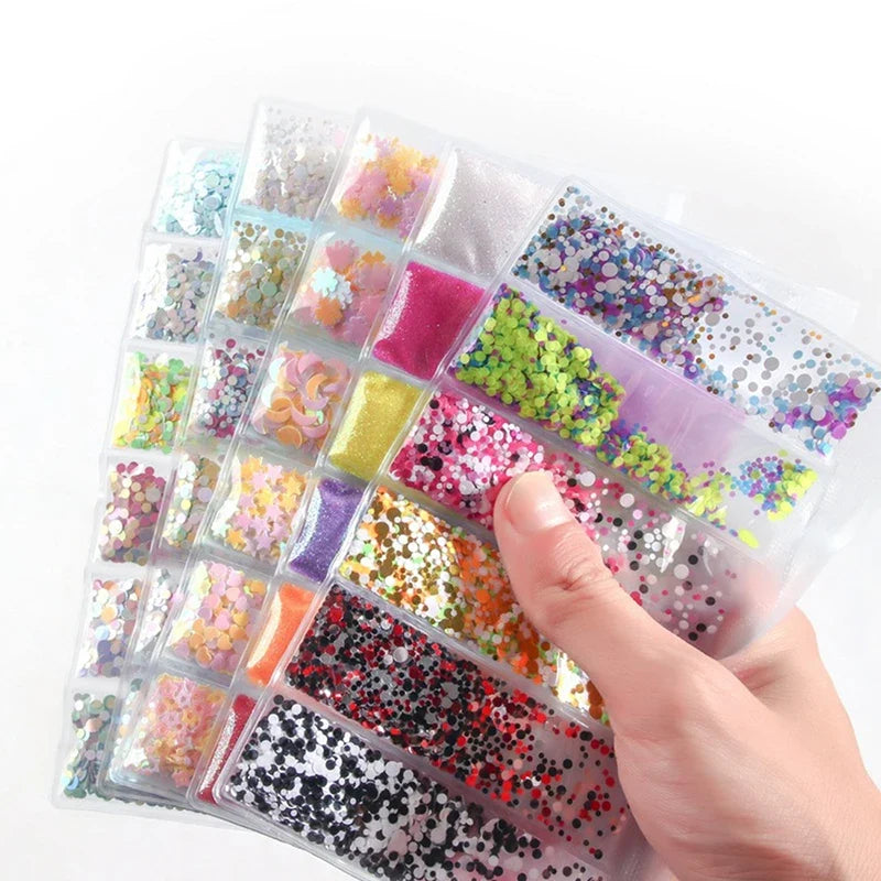 6 Grids/Bag Nail Chunky Glitter Flakes Colorful Nail Art Decals Sequins For Nail Art Slices Mxied Cosmetic Holo Glitter Tips