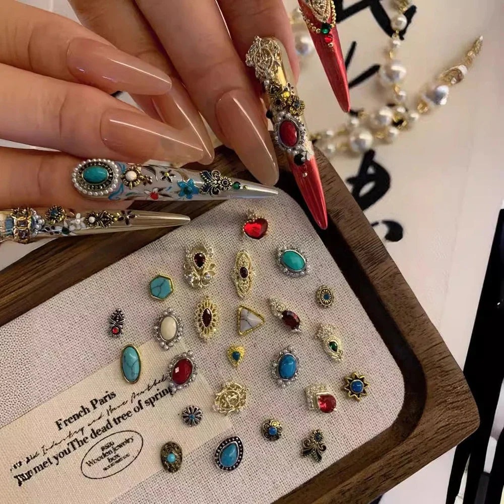 20pcs Bohemia Nail Art Charms Retro Mixed Alloy Turquoise Totem Nail Diamonds 3D  Marble Gems for Manicure DIY Decorations