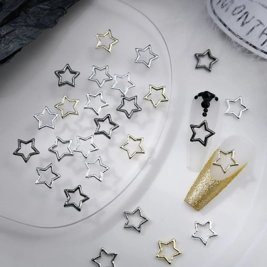20Pcs Hollow Metal Star Nail Charms Gold Silver Gun-Black White-K Color Nail Art Decoration 3D Retro Manicure DIY Supplies 9*9mm