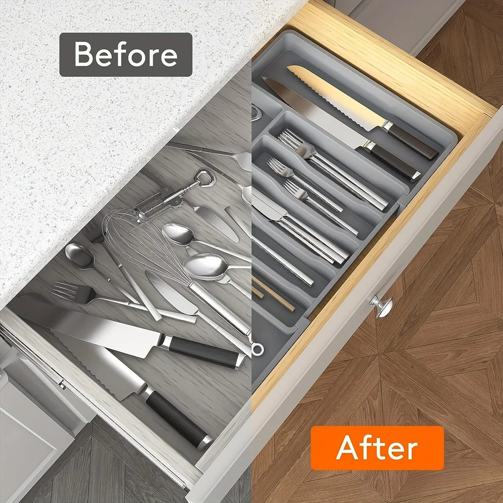 UpgradedAdjustable Plastic Cutlery Drawer Organizer Divided Storage Tray Space Saving Holder for Kitchen Knives Spoons Tableware