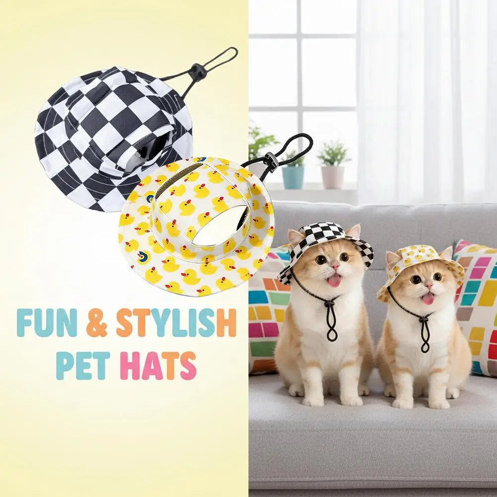 Summer UV Protection Pet Sun Hat Checkered Dog Fisherman Cap with Ear Holes Adjustable Bucket Hats for Small Medium Dogs