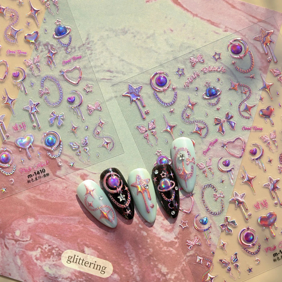Y2K Trend 5D Nail Art Stickers Holographic Star Moon Heart Planet Chain Embossed Self Adhesive Nail Decals Decor for Women Girls