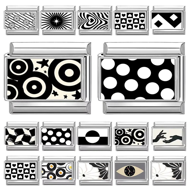 2026 Fashion Black White Round Stars Polka Point Italian Charm Links Fit 9mm Stainless Steel Bracelet Jewelry DIY Making Beads