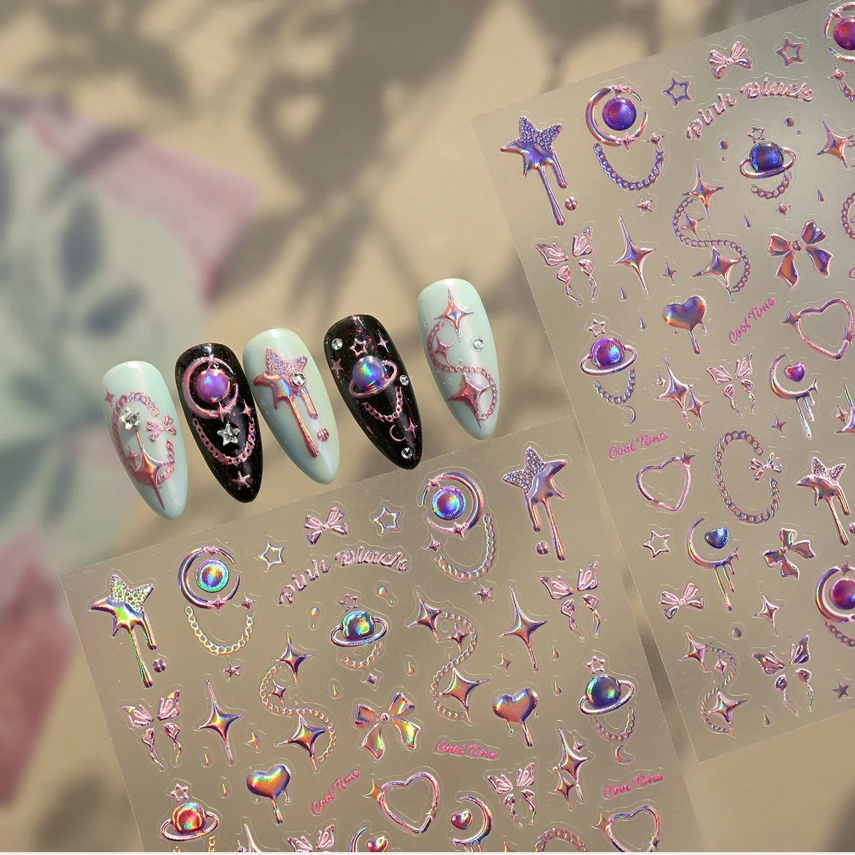 Y2K Trend 5D Nail Art Stickers Holographic Star Moon Heart Planet Chain Embossed Self Adhesive Nail Decals Decor for Women Girls