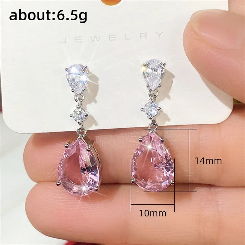Huitan Temperament Sweet Pink Pear Cubic Zirconia Drop Earrings Women Engagement Party Exquisite Ear Accessories Fashion Jewelry