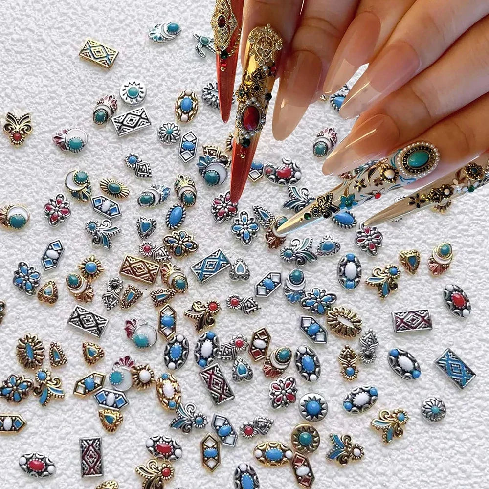 20pcs Bohemia Nail Art Charms Retro Mixed Alloy Turquoise Totem Nail Diamonds 3D  Marble Gems for Manicure DIY Decorations