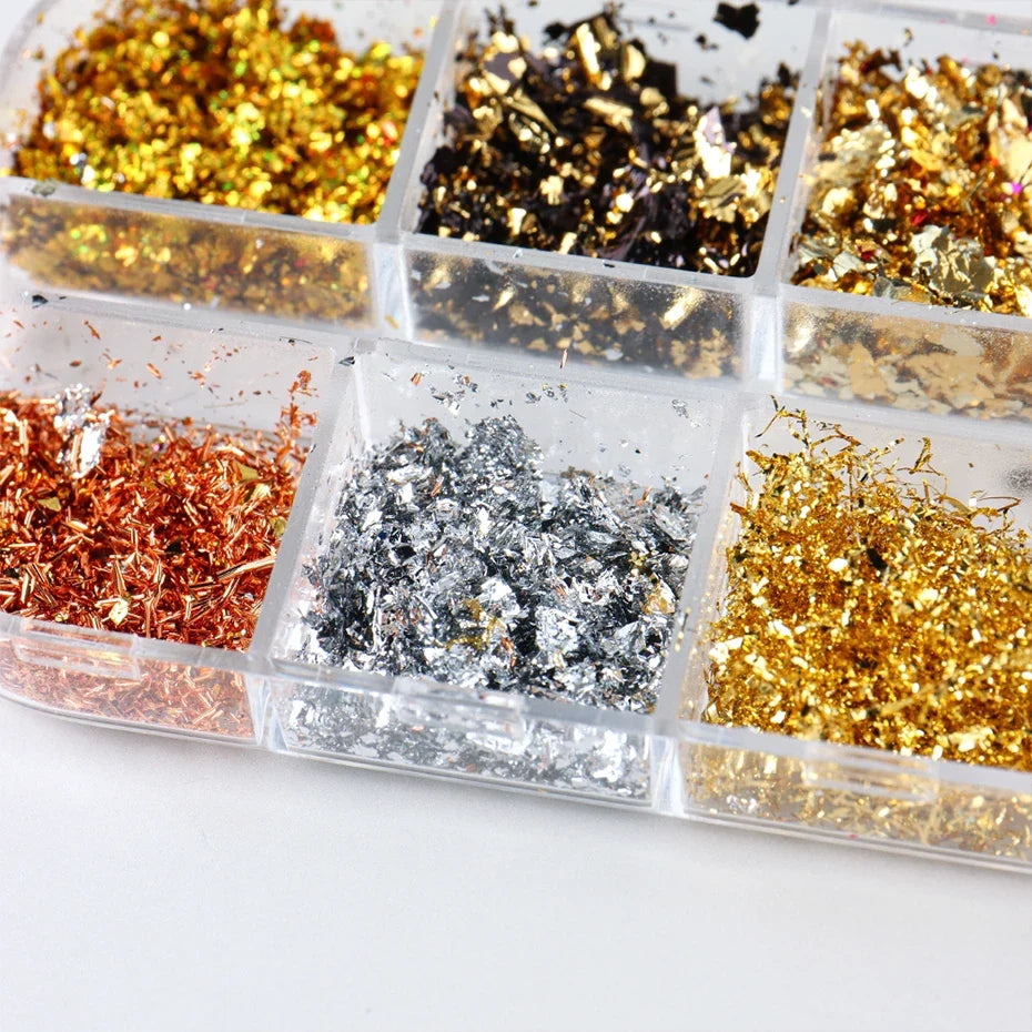 12 Grids Golden Silvery Foils Glitter Nail Art Flakes Sequins Gorgeous Nails Glitter Irregular Sparkles Flakes  Nail Art Decor