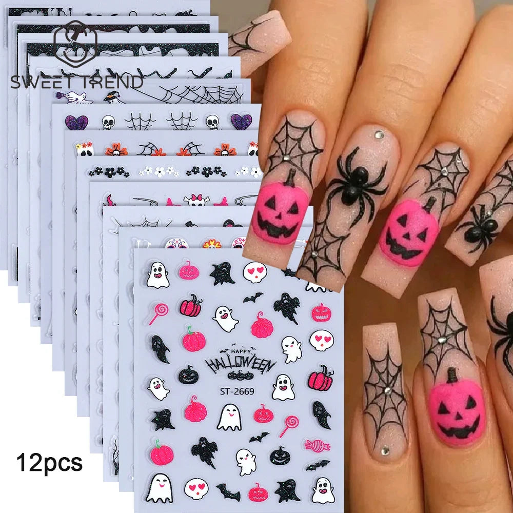 SWEET TREND-12pcs 3D Halloween Nail Stickers Cute Pumpkin Ghost Spider Skull Bow Flower Design Nail Slider Decals Manicure Decor