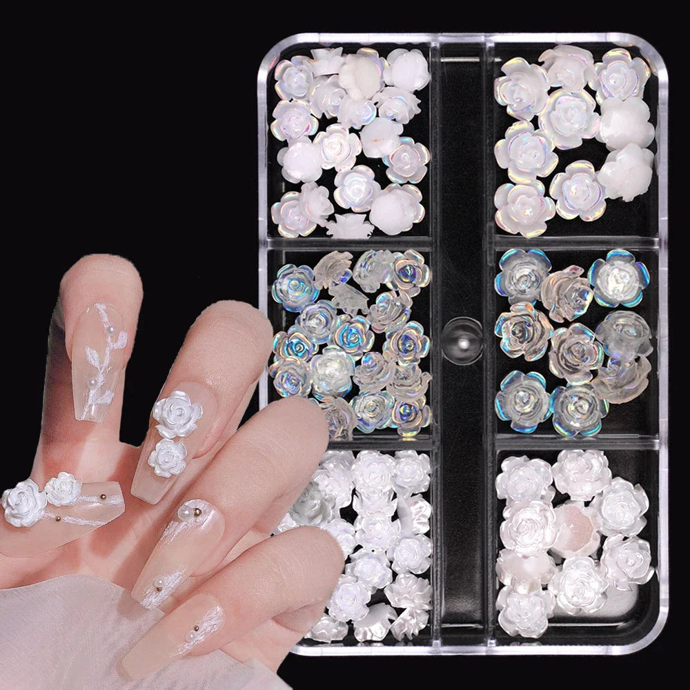 3D White Aurora Camellia Nail Art Charms Rhinestones 90PCS Jewelry Acrylic Resin Decorations DIY Crafts Flowers Manicure Design
