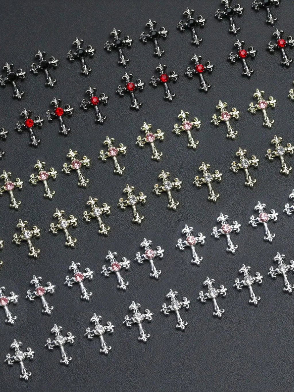 60pcsY2K Gold, Silver And Black Cross Nail Decoration Set With Rhinestones Black, White, Pink, Red Rhinestones Alloy Nail Art