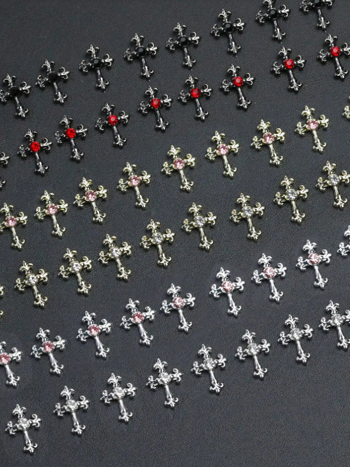 60pcsY2K Gold, Silver And Black Cross Nail Decoration Set With Rhinestones Black, White, Pink, Red Rhinestones Alloy Nail Art
