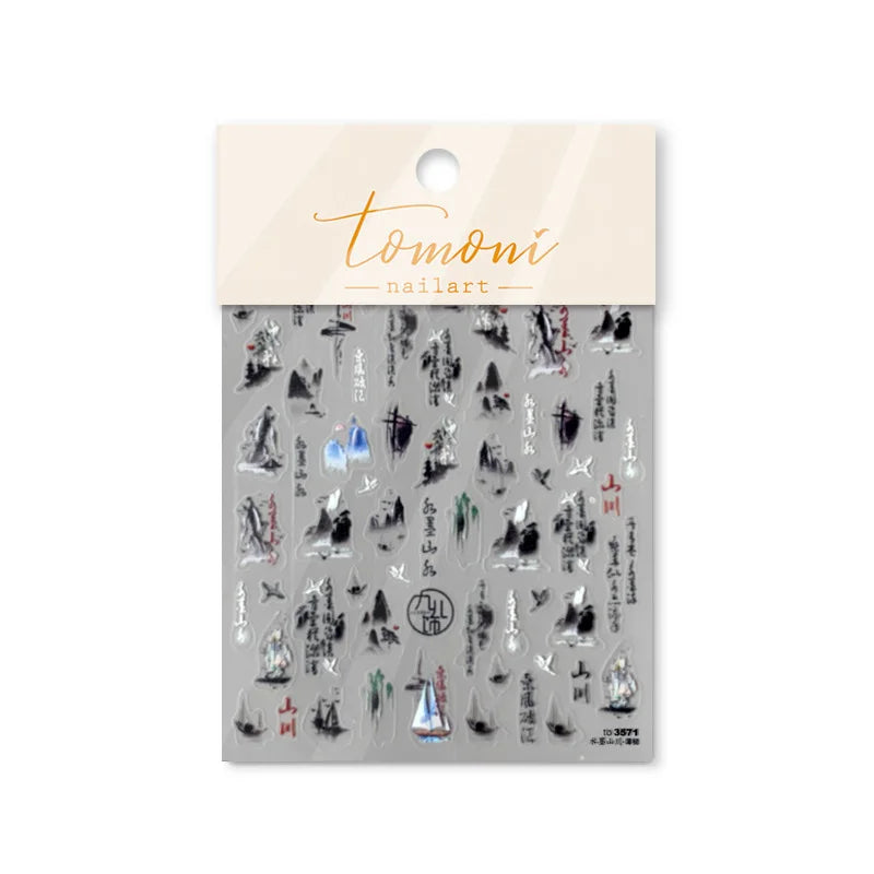 1 pc5D ancient ink painting mountain nail sticker black Chinese calligraphy poem crane self-adhesive nail art decorative sticker