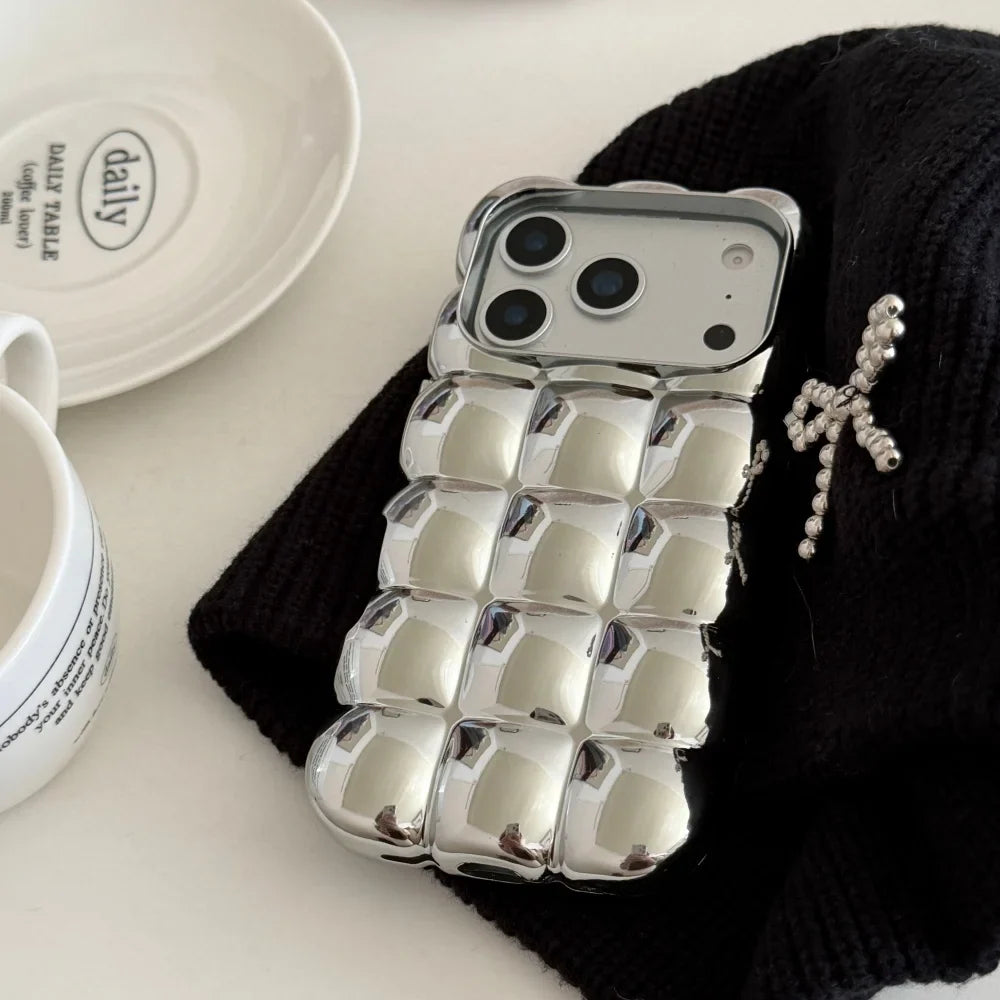 Cartoon Lattice 3D Block Plating Case for iPhone 17 16 15 Pro Max 14 12 13 11 Glossy Candy Solid Color Shockproof Soft TPU Cover