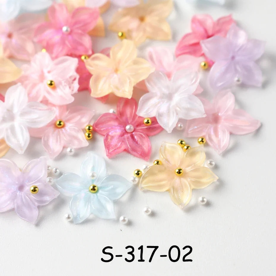 30/100 pcs Crystal Flowers Nail Art Charms 5D Embossed Ice Lily Petals White Pearls Golden Steel Balls Nail Decoration Supplies