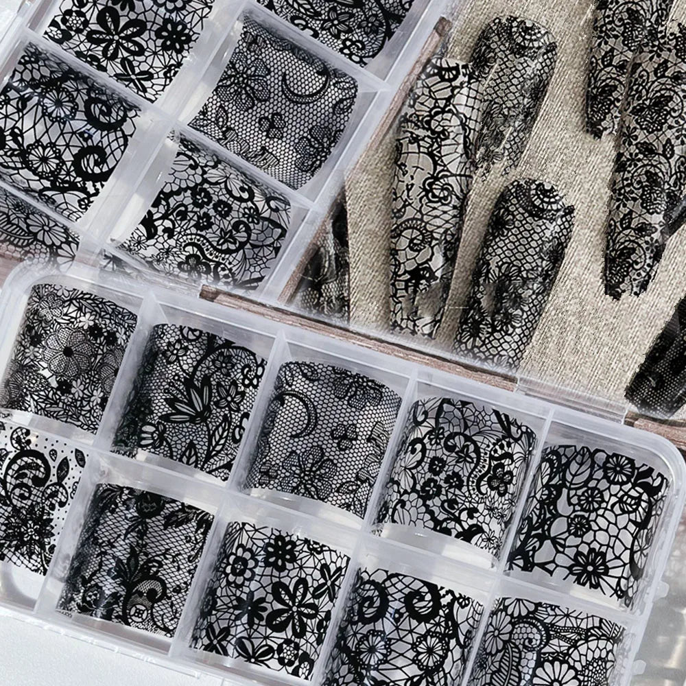 4X25cm-10rolls Sexy Black White Lace Nail Foils Untra-Thin White&Black Lace Flowers Nail Transfer Paper For Wedding Bride Decal