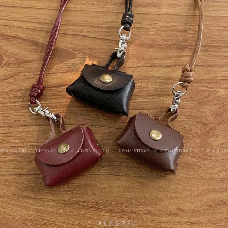 Retro Cute Small Leather Bag Long Necklace for Women Fashion Sweater Chain Neck Hanging Jewelry Versatile Accessory Party Gifts