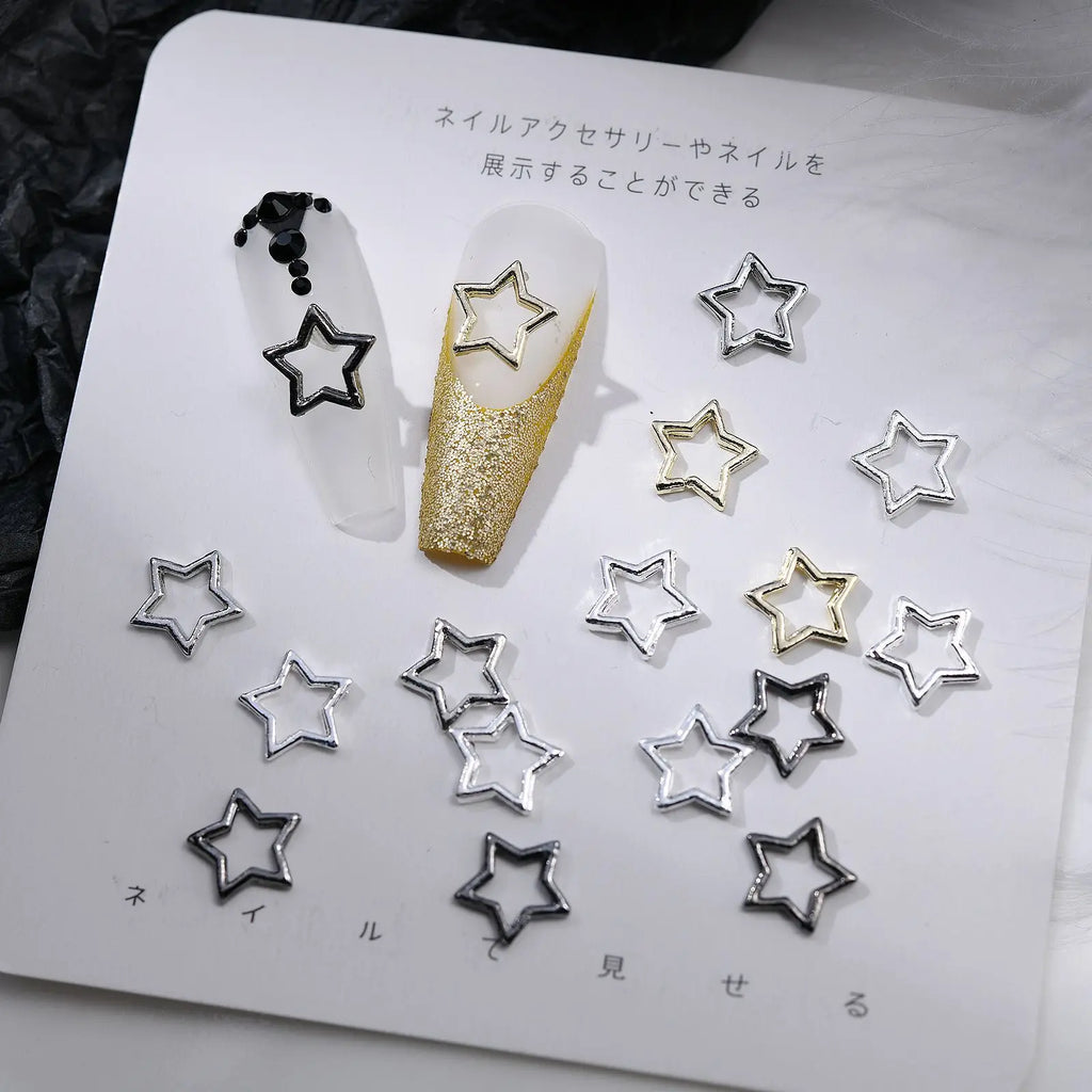 20Pcs Hollow Metal Star Nail Charms Gold Silver Gun-Black White-K Color Nail Art Decoration 3D Retro Manicure DIY Supplies 9*9mm