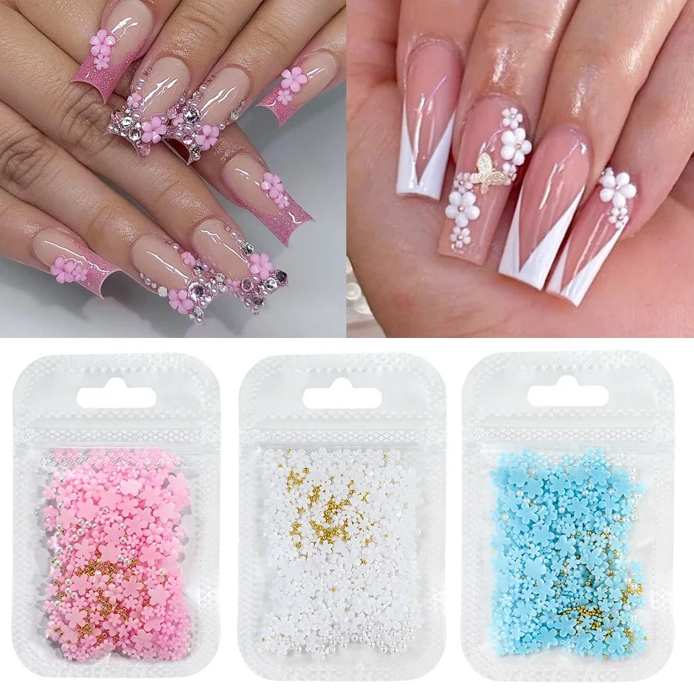 5G (450pcs) White Pink Blossom Spring Acrylic Flower Nail Rhinestones Mixed Pearl Beads 3D Floral Nail Gems White Resin Nail Par