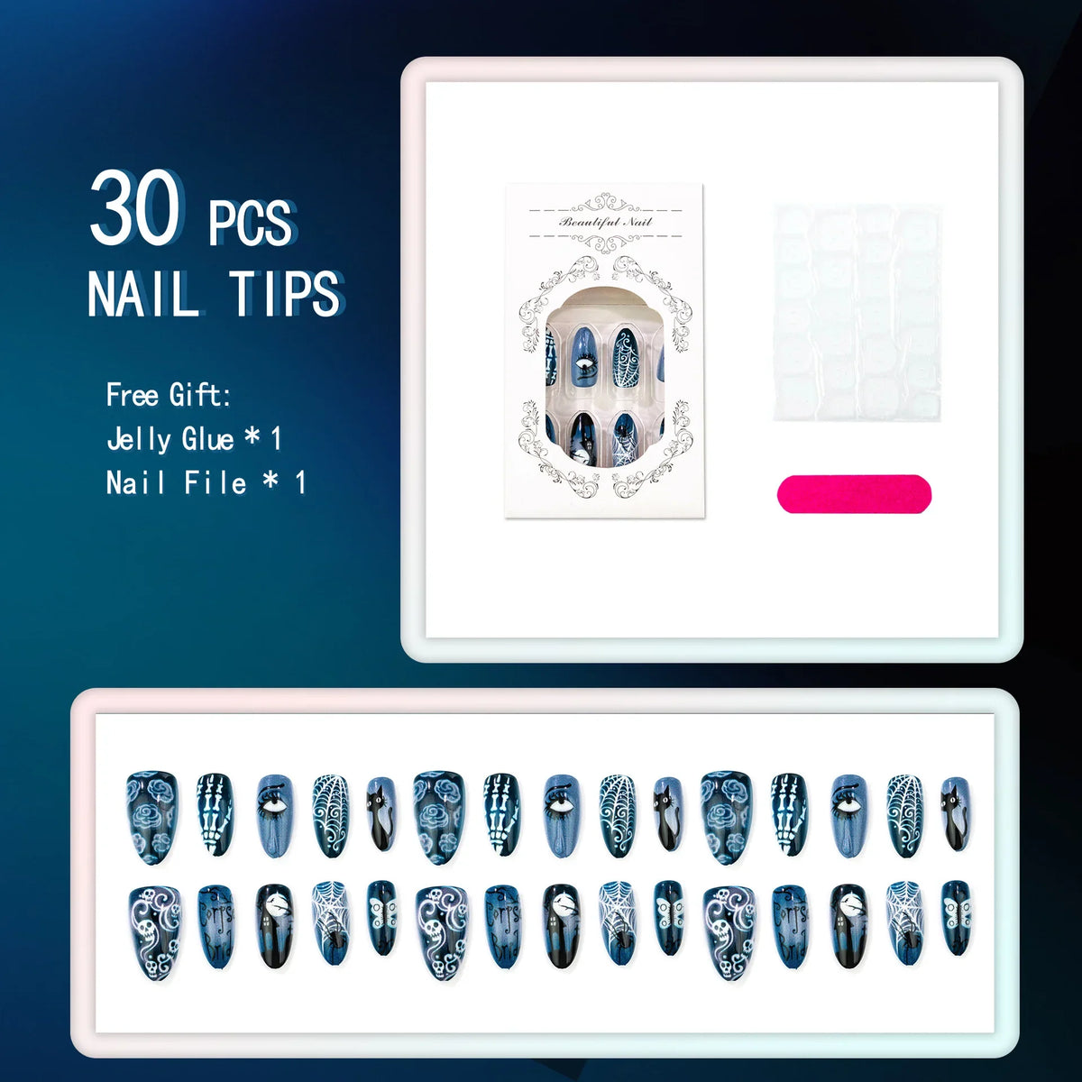 30pcs Halloween Press On Nails Gothic Skeleton Skull Spider Web Black Cat Haunted House Fake Nail Almond False Nail for Women