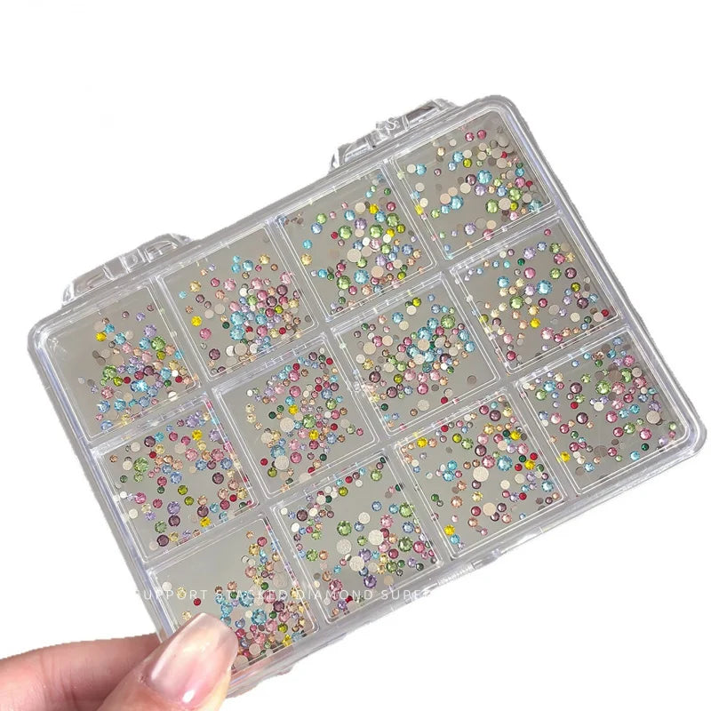 12 Grids Shiny Mixed Zircon Nail Rhinestones Round Transparent Nail Gems Irregular Nail Diamonds Manicure Decor Supplies