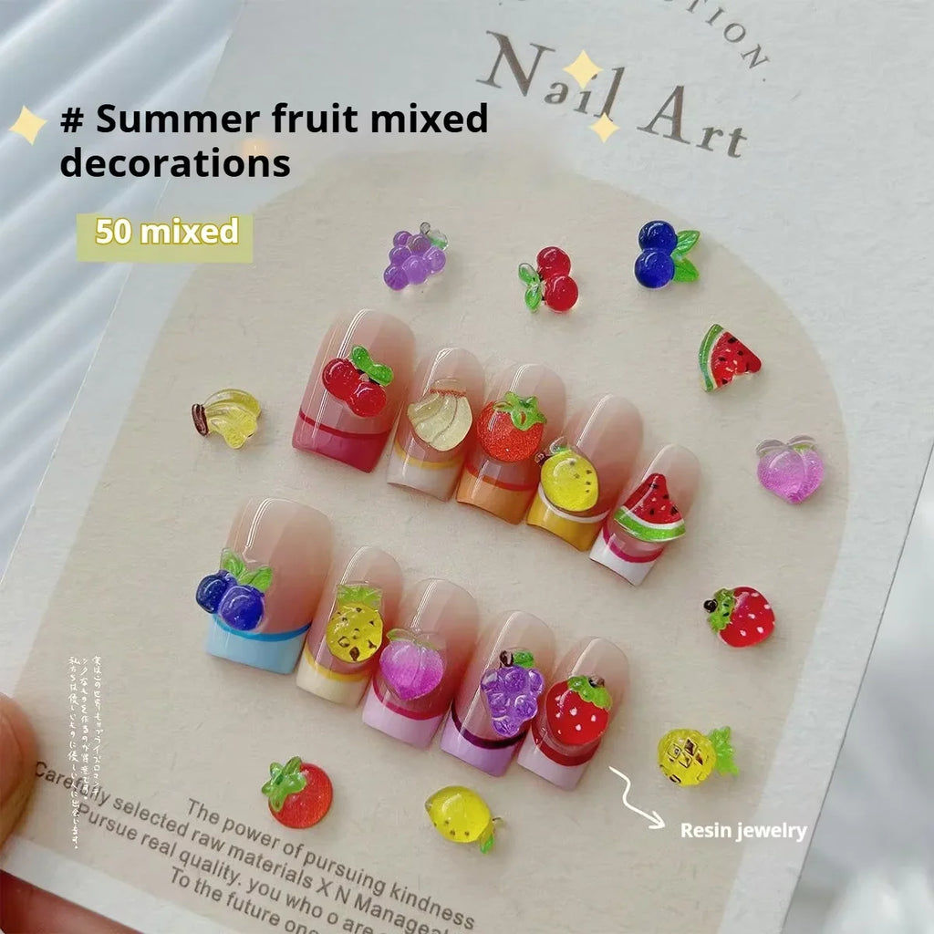 50Pcs Mix Resin Summer Fruit Nail Art Charms Cute 3D Cherry Strawberry Watermelon Peach Decoration DIY Crafts Nails Accessories