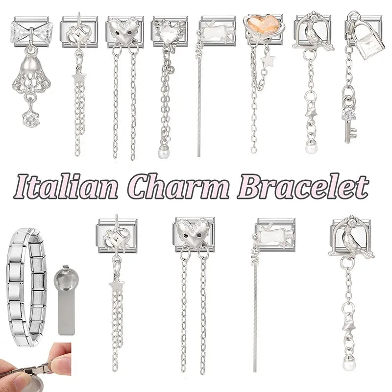 2026 Wholesale Love Heart Lock Bright Zircon Long Pendant Italian Charm Links Fit 9mm Stainless Steel Bracelet DIY Making Gifts
