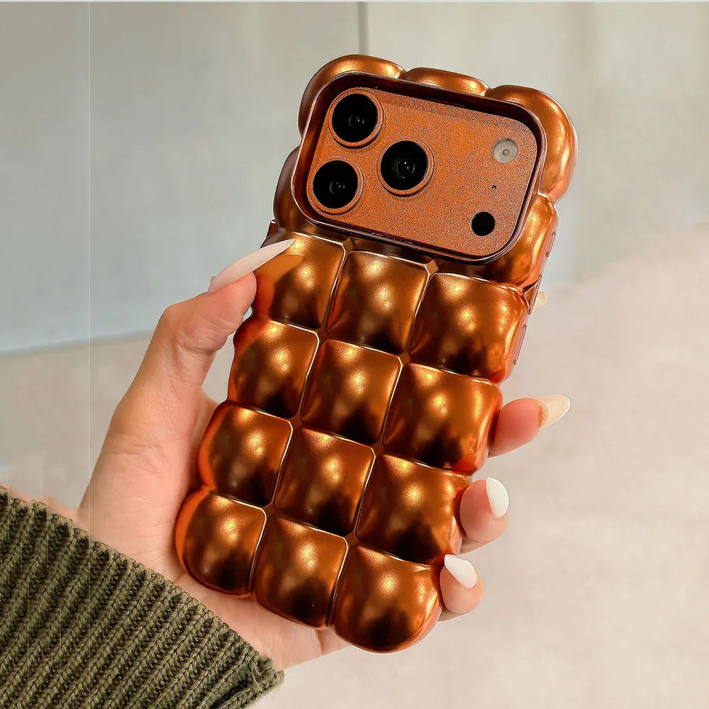 Cartoon Lattice 3D Block Plating Case for iPhone 17 16 15 Pro Max 14 12 13 11 Glossy Candy Solid Color Shockproof Soft TPU Cover