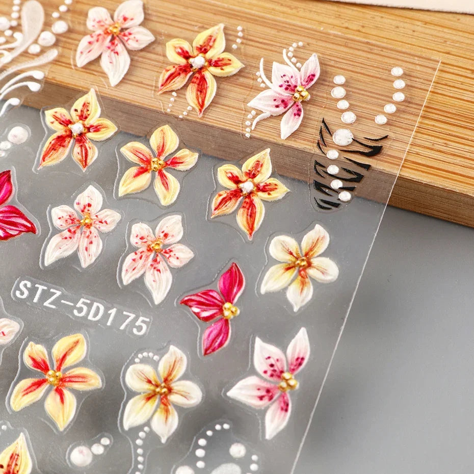 1/2pcs 5D Embossed Flowers Nail Art Stickers Lily Hibiscus with French Leopard Print Design of Spring & Summer Nail Decoration