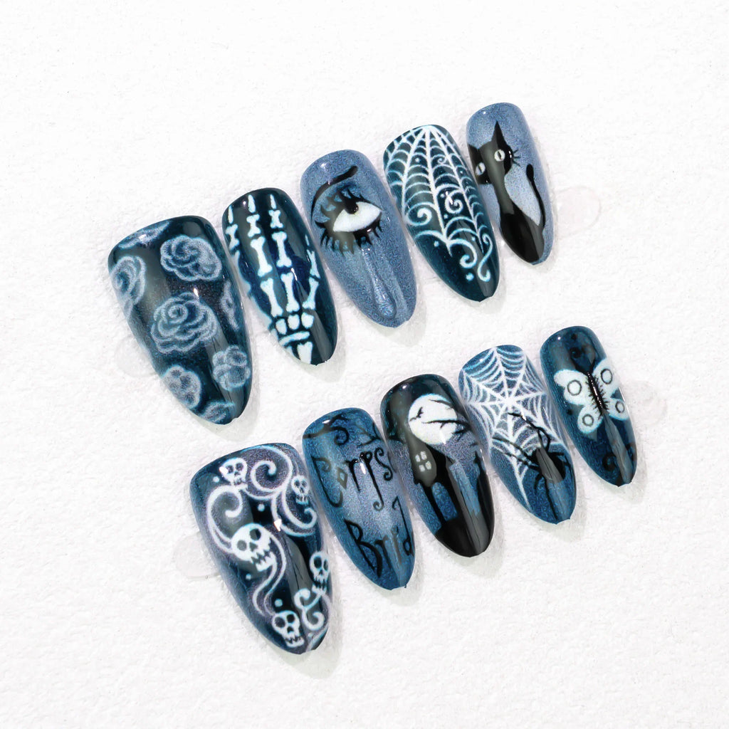 30pcs Halloween Press On Nails Gothic Skeleton Skull Spider Web Black Cat Haunted House Fake Nail Almond False Nail for Women