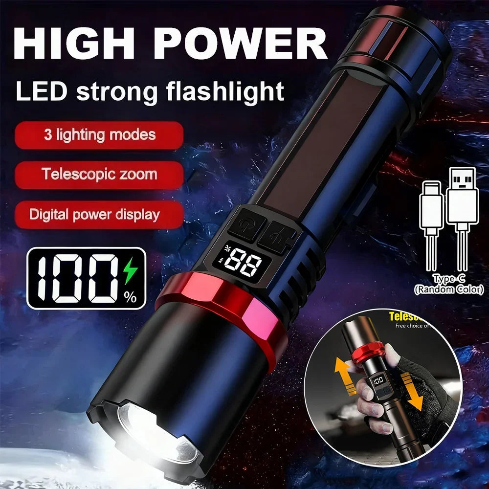 Super Bright LED Flashlight USB Rechargeable Flashlights with Tactical Zoom High Power Spotlight Outdoor Camping Fishing Torch