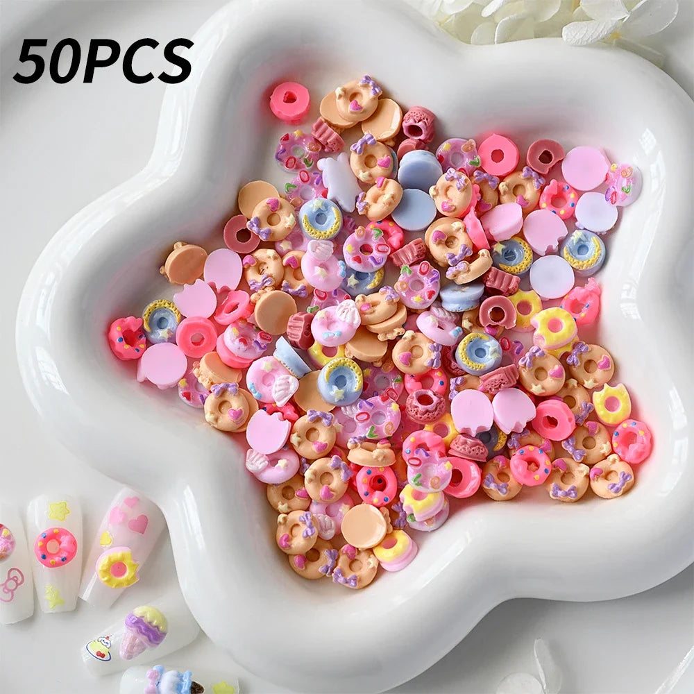 50Pcs 3D Mixed Cartoon Donuts Nail Art Charms Kawaii Dessert/Doughnut Nails Decorations for DIY Crafts Hair Manicure Accessories