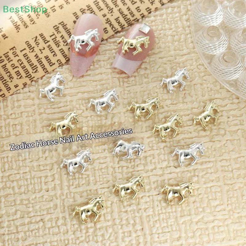 ♥3D Horse Nail Art Charms Gold Silver Animal Shaped Nail Decorations,DIY Manicure Accessories for Fashion Nail Design