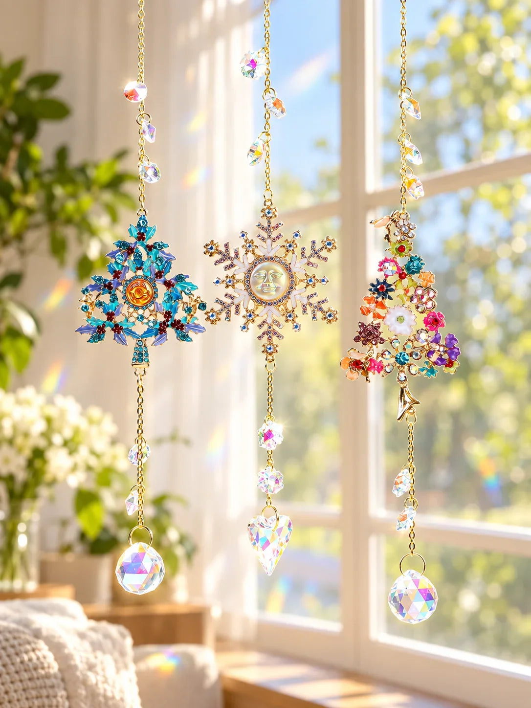 Crystal Christmas Tree Suncatcher Hanging Ornament with Rainbow Prism Ball, Sparkling Window Decor for Home Garden Gift
