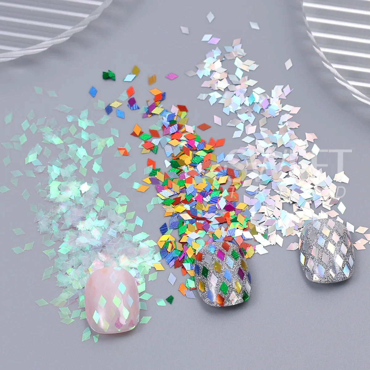 3pcs Rhombic Nail Glitter Flakes Laser Silvery Diamond Shape Sequins For Nails AB Colorful Chunky Sparkly DIY Manicure Accessory