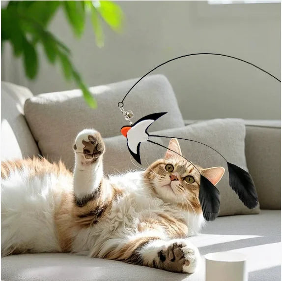 Small swallow cat teaser stick with long rod, steel wire with bell feather replacement head, cat toy to relieve boredom, pet toy