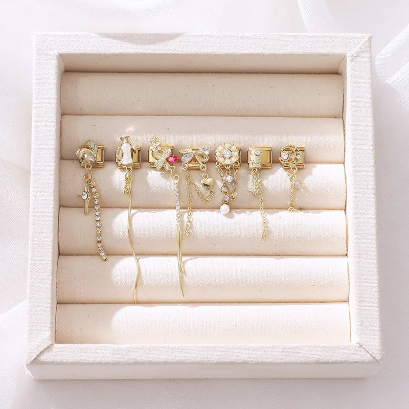 Fashion Dreamy Luxury Gold Color Series Red Heart Bows Zircon  Italian Charms Fit 9mm Stainless Steel Women Bracelet DIY Jewelry