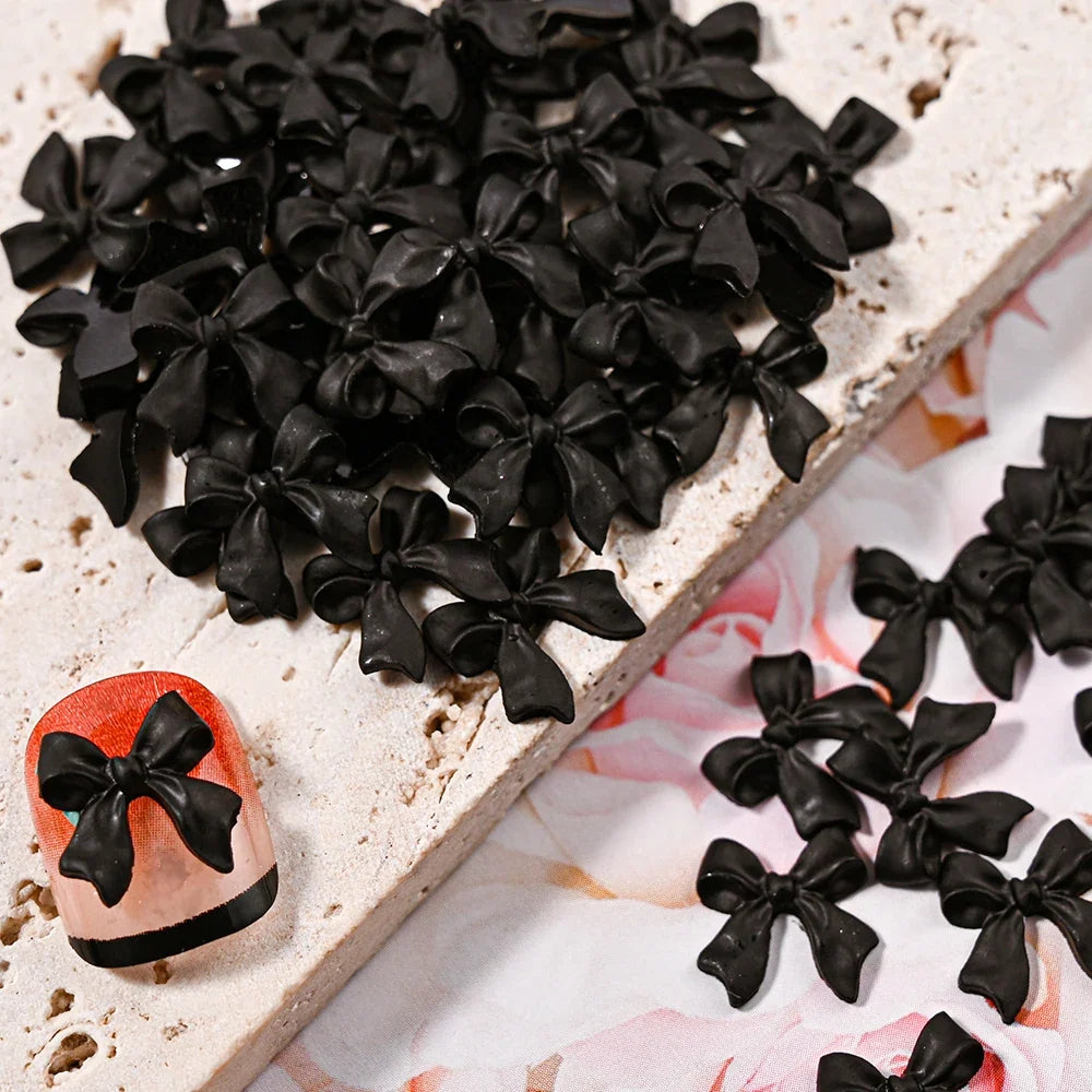 100pcs 3D Black Bowknot Nail Art Charms Kawaii Resin Ribbon Bows Nail Art Decorations DIY Korean Y2K Style Manicure Accessories