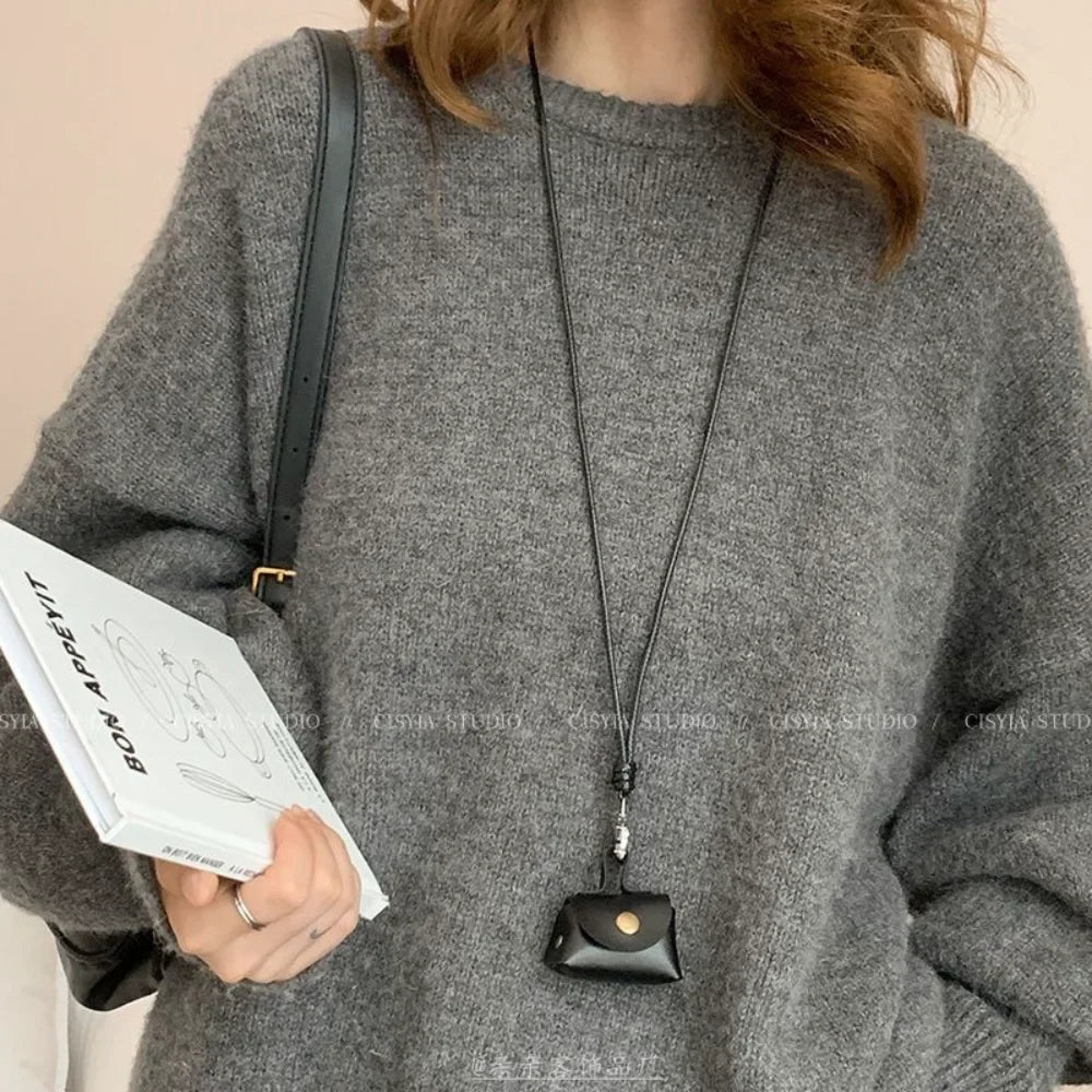 Retro Cute Small Leather Bag Long Necklace for Women Fashion Sweater Chain Neck Hanging Jewelry Versatile Accessory Party Gifts