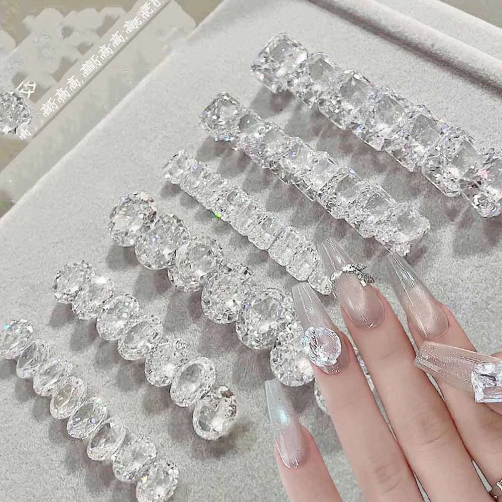 10pcs Clear Diamond Crystal Nail Rhinestones 3D Rectangle Oval Zircon Jewelry Nail Parts DIY Luxury Ice Tranparent Nail Gemstone