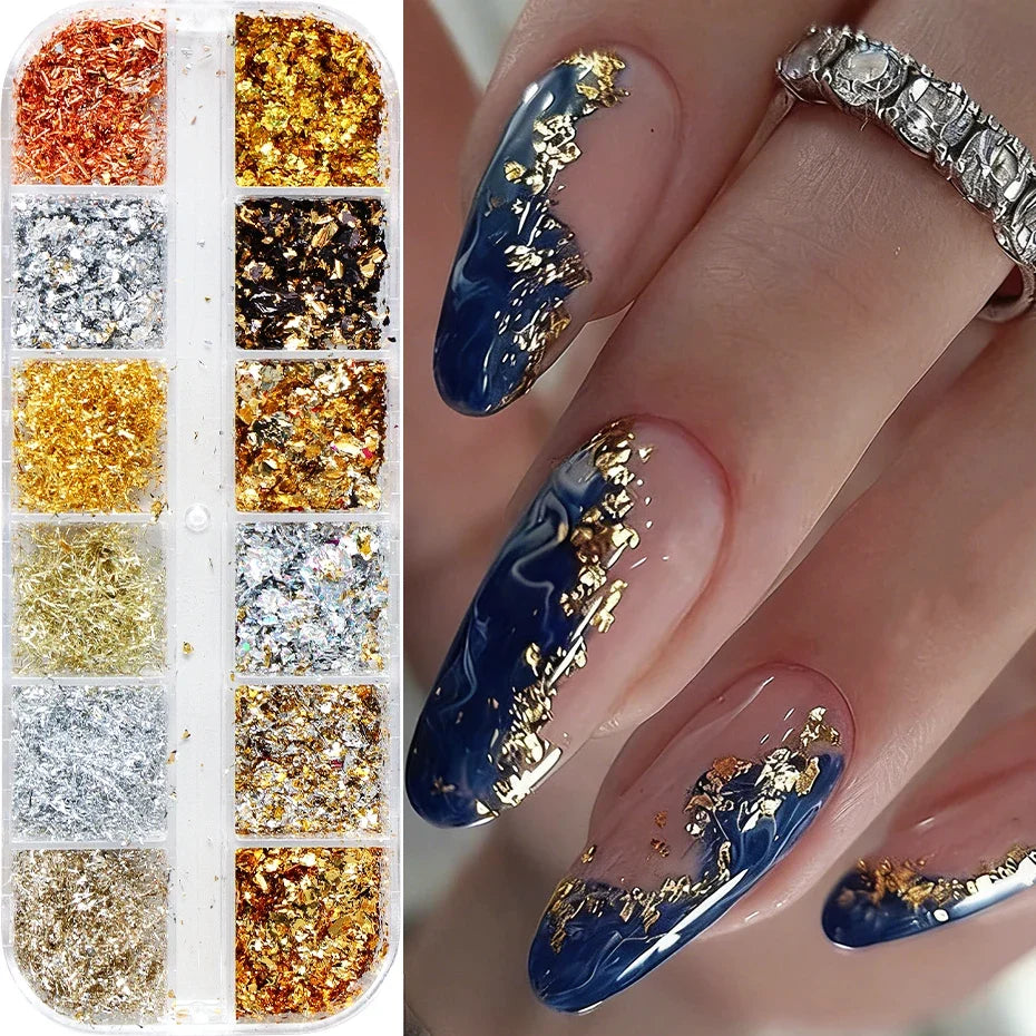 12 Grids Golden Silvery Foils Glitter Nail Art Flakes Sequins Gorgeous Nails Glitter Irregular Sparkles Flakes  Nail Art Decor