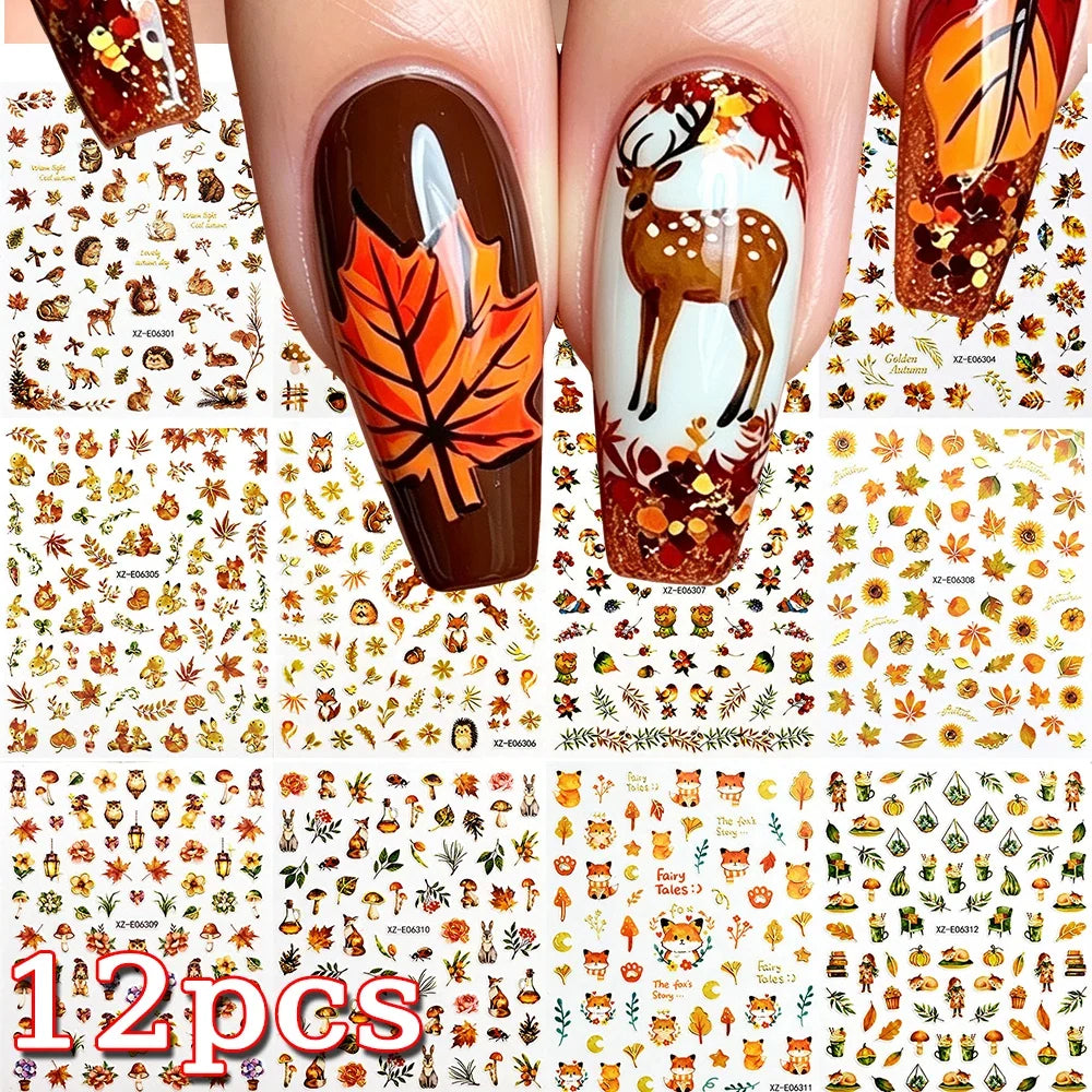 12Pcs Autumn Maple Leaves Animal Nail Stickers Mixed Cartoon Fox Deer Squirrel Adhesive Nail Decals DIY Fall Manicure Decoration