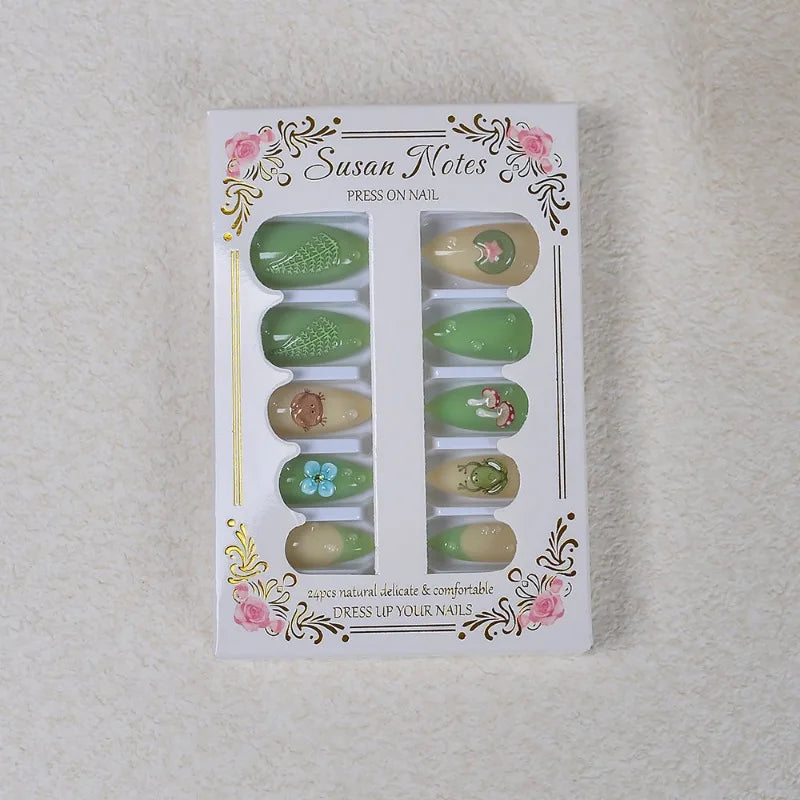 24PCS Summer Green Lotus Almond Press on Nails Cute Frog French Fake Nails for Women Fresh Flowers Wearable Manicure with Glue