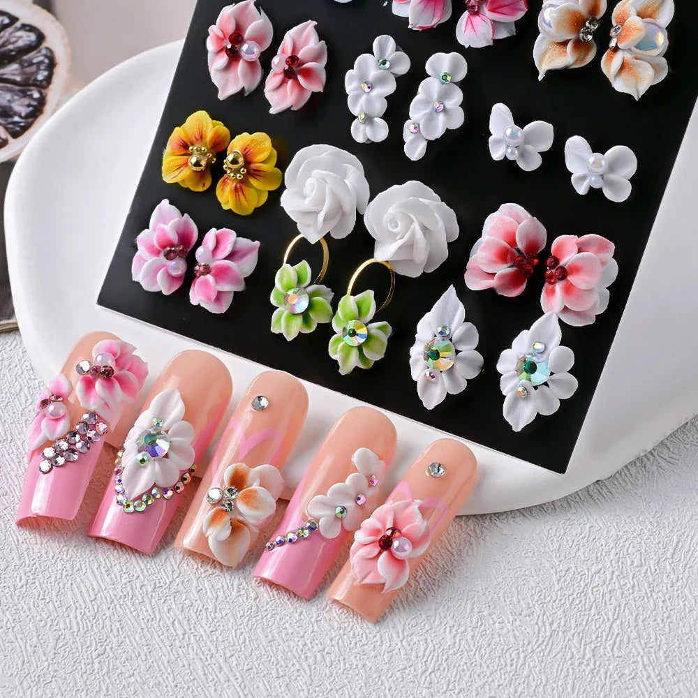 5/30Pcs Mixed 3D Handmade Acrylic  Flowers Nail Charms With Glitter Mini Pearl/Diamond Carving Flower DIY Nail Sculpture Flowers