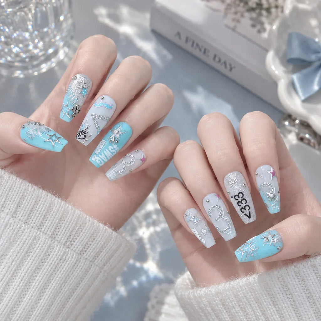 Metal Y2K Millennium Spicy Girl Nail Stickers Blues Vintage Blue Mark Silver Edge Musical Note Star Number Nail Accessories DIY