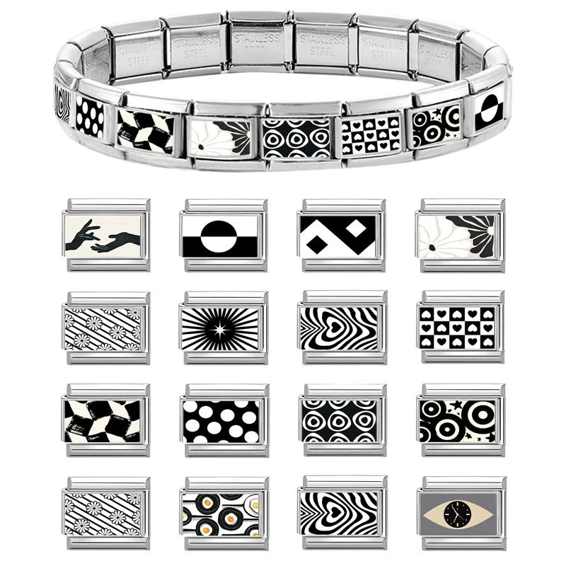 2026 Fashion Black White Round Stars Polka Point Italian Charm Links Fit 9mm Stainless Steel Bracelet Jewelry DIY Making Beads
