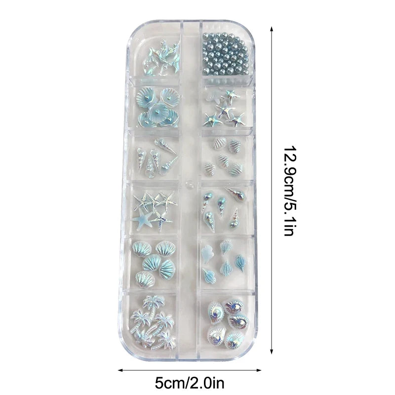 12 Grids Box Blue White Nail Charm Shell Starfish Mermaid Tail 3D Oceanic Manicure Nail Art DIY Salon Decoration Accessories