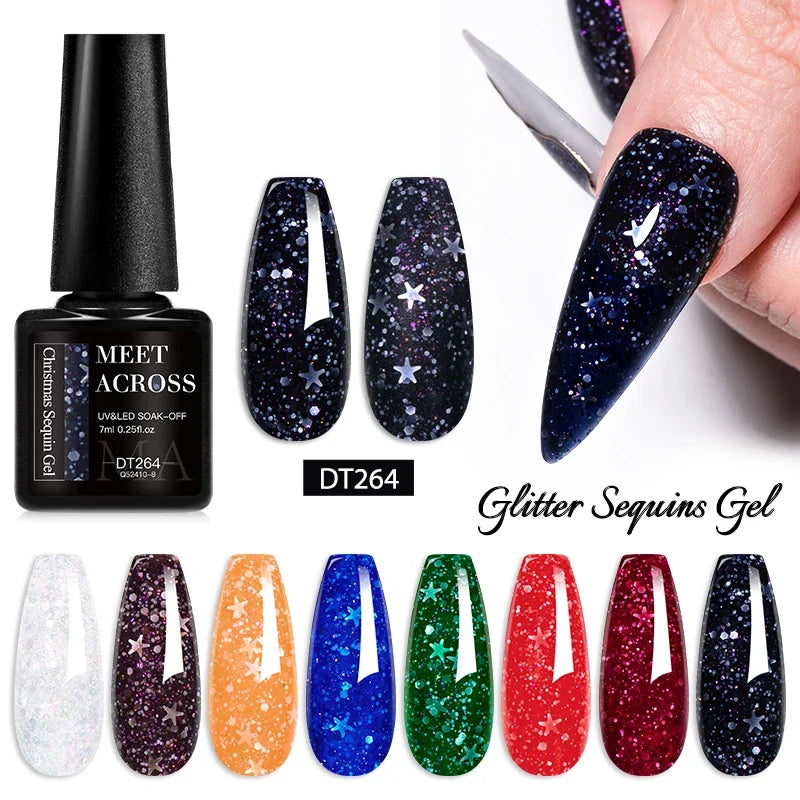 MEET ACROSS 7ml Snowflakes Sequins Gel Nail Polish Vernis Semi Permanent Soak Off Nail Art Varnish Christmas Winter For Manicure